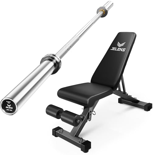 JELENS 7FT Bar Olympic Barbell, 1000lb Capacity Weight Bar for Strength Training, 2 Inch Strength Training Bar With Knurled Grip for Squats, Deadlifts, Presses, Rows, Curls - size: 7FT Olympic Barbell with Weight Bench