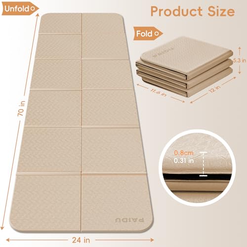 PAIDU Foldable Yoga Mat, 70"x24"x0.31" TPE Non-Slip Mat with Bag | Double‑sided non‑slip, 8mm thick TPE, foldable for travel, ideal for yoga/pilates/fitness/home/outdoor workouts - color: Beige+Black