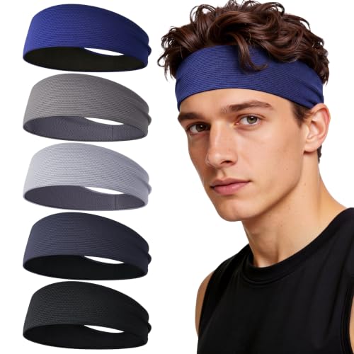 Braylin Sports Headbands for Men, 5-Pack Sweatbands Head Band Unisex Breathable Sweat Wicking Running Cycling Yoga Baseball Workout - color: 02.5Pcs Color-A