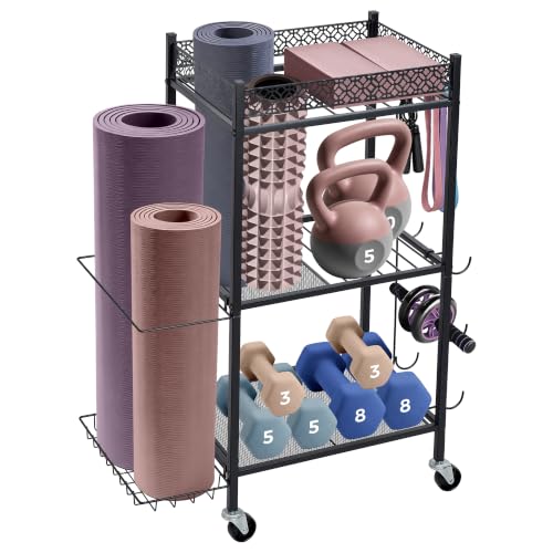 Yoga Mat Storage Rack, Home Gym Essentials Foam Roller Yoga Blocks Dumbbells Kettlebells Resistance Bands Workout Exercise Organizer Equipment Sports Fitness Gear Garage Organization Racks