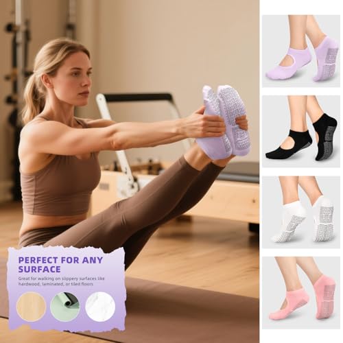 unenow Non Slip Grip Yoga Socks for Women with Cushion for Pilates, Barre, Home - color: 4 Pairs-black/White/Pink/Purple