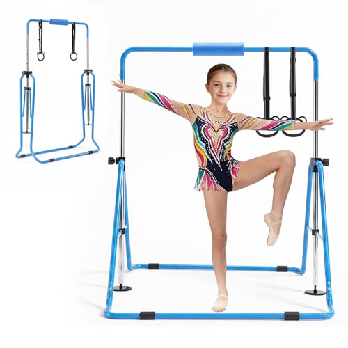 VEVOR Gymnastic Bars for Kids, 140 lbs Capacity Folding Training Kip Bar with Mat, 5 Adjustable Height Gymnastic Horizontal Bar Home, Training Equipment for Indoor Outdoor, Easy Assemble - color: Blue