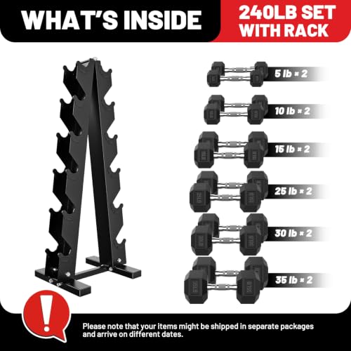 Hex Dumbbell Sets with Rack, 85-560lb Dumbbell Weight Set & Storage Rack | PAPABABE Dumbbell Set with Stand, Rubber Dumbbell Weight Set, Multiple Options Hand Weight for Strength Training - size: 240lb (5, 10, 15, 25, 30, 35lb)x2& Rack