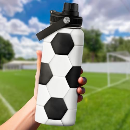 SANDJEST Soccer Water Bottle with Lid - 32oz Insulated Stainless Steel Sport Bottles - Men Soccer Player Fan Coach - color: Soccer 1