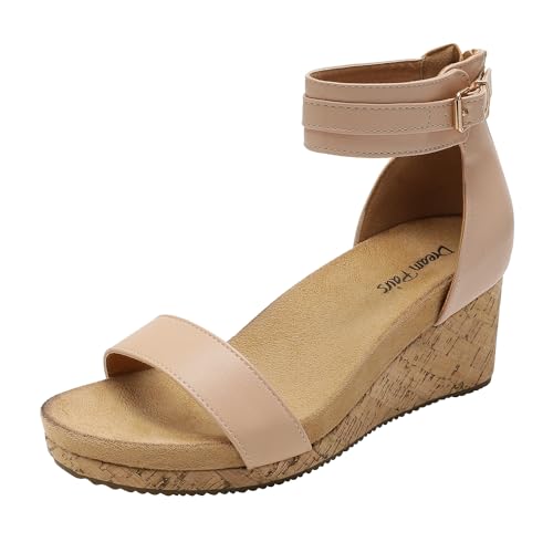 DREAM PAIRS Women's Open Toe Buckle Ankle Strap Platform Wedge Sandals Summer Shoes. - color: Nude/Pu, size: 8.5