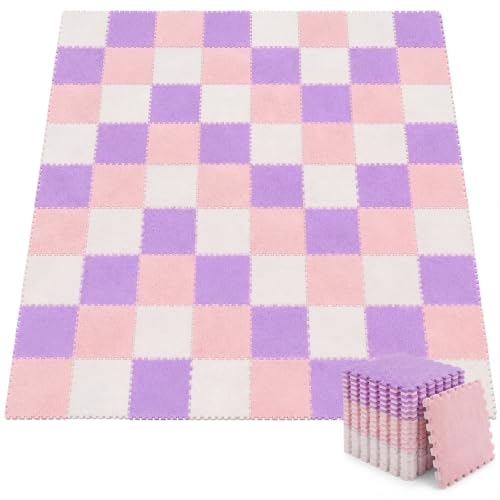 Amylove 72 Pieces Plush Foam Floor Mat Square Interlocking Carpet Tiles with Border 12 x 12 x 0.4 in Fluffy Play Mat Floor Tiles Soft Climbing Area Rugs for Home Playroom(White, Pink, Purple) - color: White, Pink, Purple