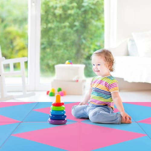 Goplus Gymnastics Mat, Folding Tumbling Mat with Carry Handles, Hook & Loop Fasteners, 4 Panels for Fitness Exercise Yoga Stretching Aerobics Workouts, Thick Gym Mats for Home - color: Blue&Pink