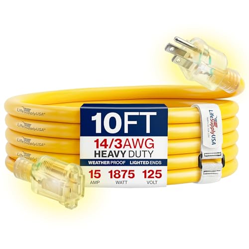10ft Outdoor/Indoor Extension Cord 14/3 Gauge Heavy Duty 3 Prong SJTW, Waterproof, Flexible Cold-Resistant Long Power Cord,15A 125V 1875W, Yellow by LifeSupplyUSA - color: Yellow, size: 10 FT, style: 14AWG
