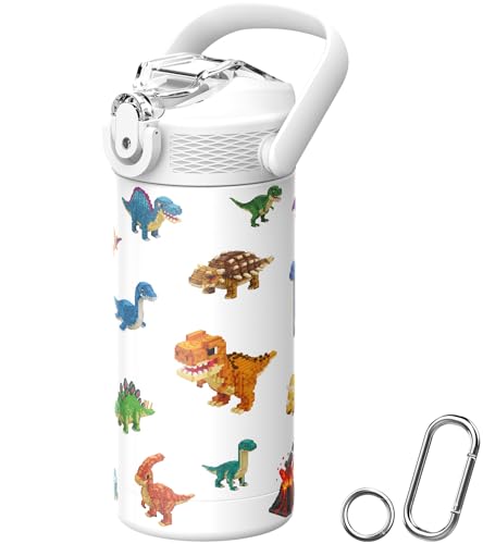 MYFOREST 14oz/400ml Insulated Kids Water Bottle, Odor-free Liner, 3D Touch | No Plastic Taste, Surgical Steel - No Chemical Leaching, Name Spot, Soft Sipper, Gift for Dino Fan, DinoCraft: Pixel - color: DinoCraft: Pixel