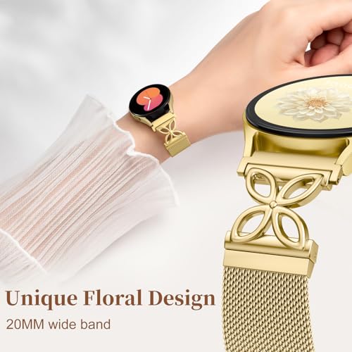 Getino Magnetic Metal Strap Compatible with Galaxy Watch 7 Band, Galaxy Watch 6 Classic Band FE 5 Pro 4 Active 2, 20mm Milanese Floral Dressy Wristband for Samsung Watch Bands Women 40mm 44mm 45mm - color: Gold