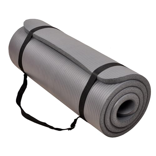 Signature Fitness Extra Thick High-Density Foam Yoga Mat – Multiple Thicknesses (1/2" & 1") / Multiple Colors – Double-Sided Non-Slip Surface – with Carrying Strap for Pilates, Yoga & Home Workouts - color: Gray