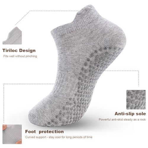 5 Pairs Pilates Socks with Grips for Women Non Slip Grip Yoga Crew Socks for Barre Hospital Barefoot - color: A - Black Gray Pink Green Purple