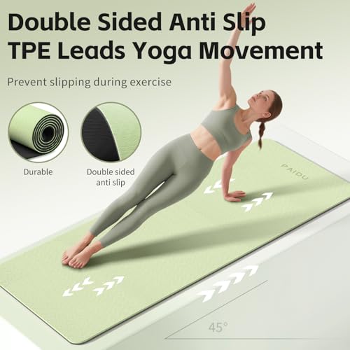 PAIDU Yoga Mat 8mm TPE Non‑Slip Fitness Mat with Strap for Home Workouts | SGS Certified, Odorless, Tear‑Resistant, Unisex, for Yoga, Pilates, Meditation, Home & Gym Workouts - color: Green&Black