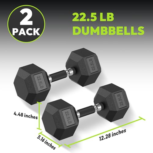 HANDBODE Rubber Encased Hex Dumbbell Pair, 2.5-65 lb | Non-Slip Handle Design for Secure & Comfortable Grip, Hand Weights for Strength Training, Fitness & Home Gym - size: 22.5 lb, Pair, style: Comfort Grip