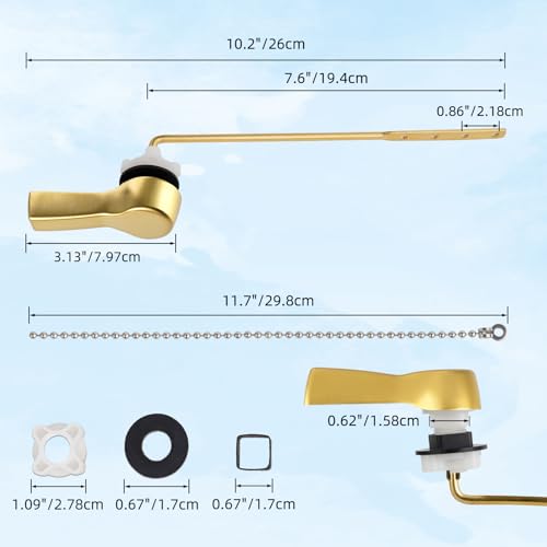 Hibbent Universal Front Mount Metal Toilet Handle Replacement Kit, Brass Toilet Tank Flush Lever with Stainless Steel Adjustable Flapper Chains for Most Toilets, Brushed Gold - color: Brushed Brass, style: Front Mount