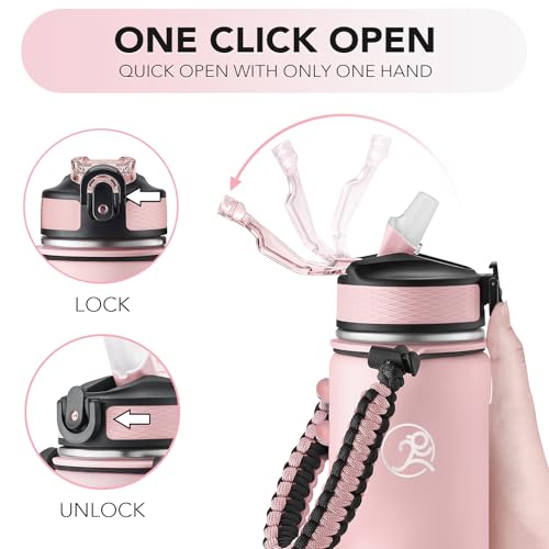 GOSWAG 24oz Insulated Stainless Steel Travel Water Bottle, 2 Lids | with straw and no straw, Paracord handle, Double-wall vacuum keeps drinks cold or hot, Leakproof tumbler - color: Matte Pink