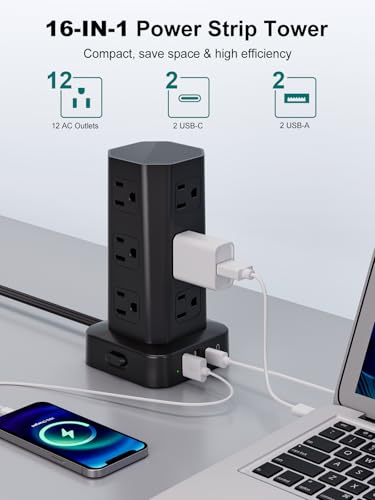 Power Strip Tower Surge Protector, 6FT Flat Plug Extension Cord with Multiple Outlets, 12 AC Outlets 4 USB (2 USB C), Desktop Charging Station with Surge Protection for Home Office Dorm Room, Black - color: Black, size: 6FT