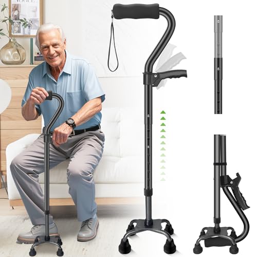 Ciavca Walking Canes for Women & Men, Adjustable Folding Quad Cane, Heavy Duty Walking Sticks Canes for Seniors Balance,Collapsible, Lightweight Self Standing Cane with 2nd Handle and 4-Pronged Base