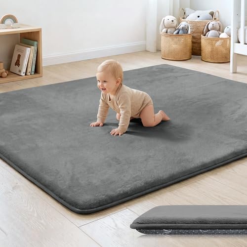 1.3" Thick Baby Floor Play Mat 71x79, Basic Padded Foam Mat for Tummy Time Crawling, Non Slip Cushioned for Babies Toddlers Infants Kids (Dark Grey) - color: Dark Grey, size: 71"x79"x1.3"