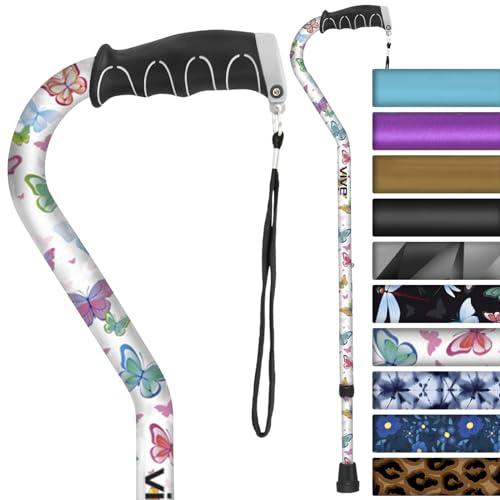 Vive Walking Cane for Women, Men, Elderly - Patented Offset Grip - Lightweight Adjustable Walking Aid with a Non-Slip Tip - Sturdy Balancing Mobility Aid for Seniors - color: White Butterfly