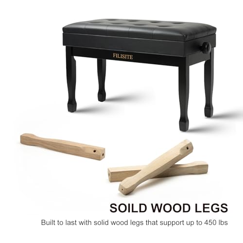 Adjustable Height Piano Bench with Storage, Solid Wood Duet Keyboard Stool, Waterproof Padded Seat Cushion, Multi-Use Bench for Piano, Vanity, Living Room, Bedroom XJ750-4(Black) - color: Black
