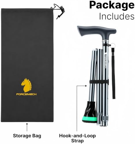 FORCEMECH GlowGuard Foldable Walking Cane for Men & Women, Adjustable Heavy Duty Cane with Glow Tip & Extra-Wide Tip - color: Gloss Gunmetal
