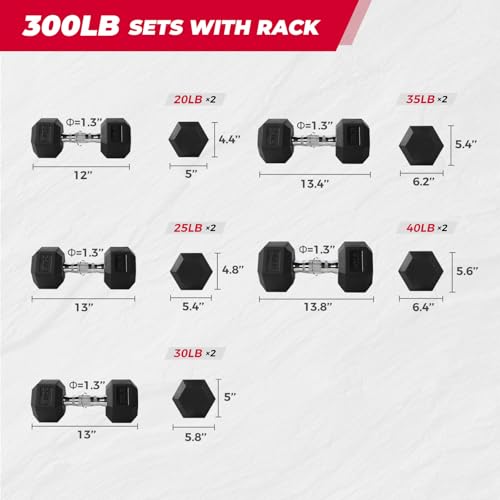 RitFit Rubber Coated Hex Dumbbell Set with Rack, 5-780LB for Home Gym Strength Training, Anti-Slip Knurled Handle, Hexagon Anti-Roll, Heavy-Duty Storage Rack - style: 300LB Set-3-Tier Rack (20-40LB）