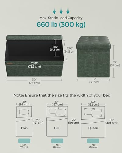 SONGMICS Mazie Collection - 30 Inches Folding Storage Ottoman Bench, Ottoman with Storage, Foot Rest Stool, Load 660 lb, for Living Room, Synthetic Leather, Forest Green ULSF040C01 - color: Forest Green, size: 15"D x 30"W x 15"H