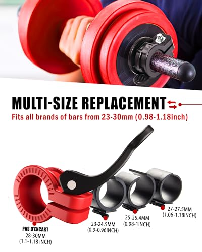 Narrow Barbell Clips 2.5cm Width for Olympic Bars, 0.9-1.18inch Adjustable Weight Clamps, Quick Release Locking Collars for Weightlifting - color: RED+BLACK