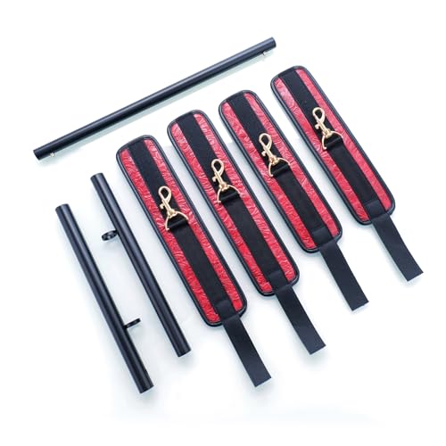 Spreader Bar Heavy Duty Stainless Steel Expandable Bar Home Gym with 4pcs Furry Crocodile Adjustable Strap,Sports Aid Training Pilates Aid Kit,Indoor Yoga Set - style: Black+Embossed Red Kit