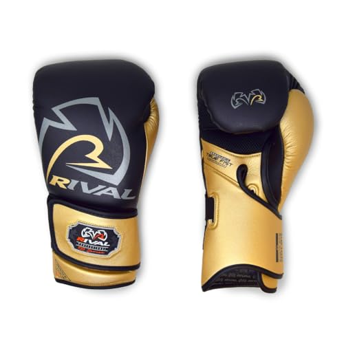 RIVAL Boxing RB100 Professional Bag Gloves, 6mm of D30 Padding, Handcrafted Microfiber, Innovative Wrist Lock 3 System - color: Black/Gold, size: X-Large