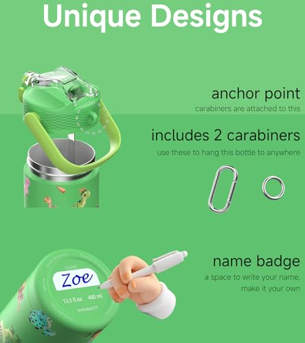 MYFOREST 14oz/400ml Insulated Kids Water Bottle, Odor-free Liner, 3D Touch | No Plastic Taste, Surgical Steel - No Chemical Leaching, Name Spot, Soft Sipper, Gift for Dino Fan, DinoCraft: Chibi - color: DinoCraft: Chibi