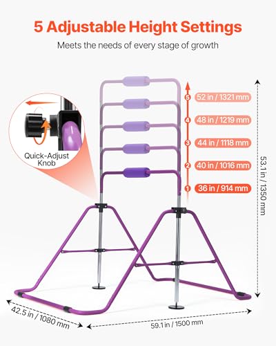 VEVOR Gymnastic Bars for Kids, 140 lbs Capacity Folding Training Kip Bar with Mat, 5 Adjustable Height Gymnastic Horizontal Bar Home, Training Equipment for Indoor Outdoor, Easy Assemble - color: Purple