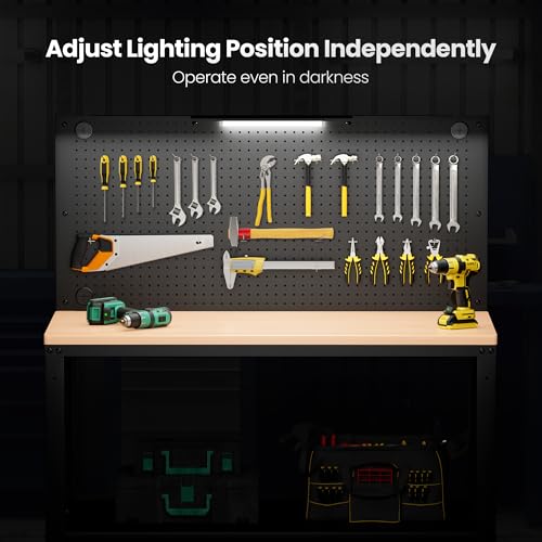 Antifir 48" Adjustable Height Workbench for Garage Work Table with Under Table Shelf & Pegboard, Max Load 2000 LBS Heavy Duty Wood Work Bench with Power Outlet for Commercial, Workshop, Office, Home - size: 48x24" Double Decked