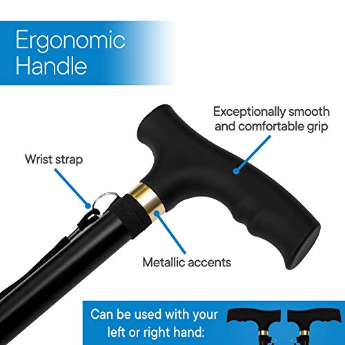 RMS Walking Cane - Adjustable Walking Stick - Lightweight Aluminum Offset Cane with Ergonomic Handle and Wrist Strap - Ideal Daily Living Aid for Limited Mobility - color: Black