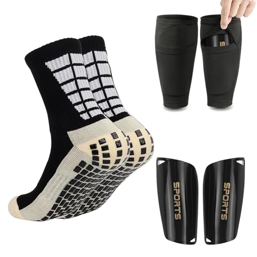 Soccer Socks with Shin Guard for Men, 1 Pairs Mens Grip Soccer Socks and 1 Pairs Shin Sleeves with Shin Guards, Footaball Equipment Shin Sleeves with Pads for Adults - color: A Black