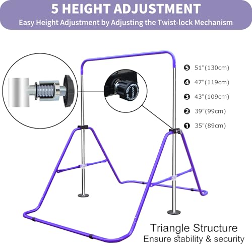 Gymnastic Bars for Kids with Attachable Rings, Height Adjustable Junior Training Horizontal Bars, Foldable Gymnastic Training Kip Bar for Home - color: Purple