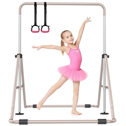 SHIWEI Gymnastics Bar for Kids, Gymnastic Kip Bar 5-Height Adjustable Home | Foldable, Indoor Outdoor Use, 140lb Capacity, for Ages 3-8, with Gymnastics Rings, Anti-Slip & Space-Saving Design - color: Beige