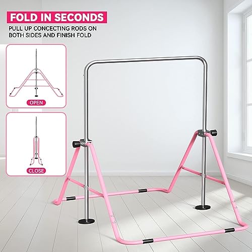 FBSPORT Gymnastics Bar for Kids Adjustable Height Gymnastic Horizontal Bar | Adjustable height, Supports up to 140 lbs, Junior Training Bar Children Folding Training Monkey Bars for Home Using - color: Pink