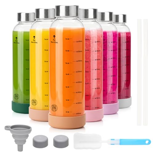 Zukro Glass Juice Bottles with Stainless Steel Lids 18 oz, Airtight & Leak Proof, Non-Slip Bottom, Measured Markings, 6-Pack Reusable Clear Jars for Water, Juicing, Smoothie, Protein Shakes, BPA Free - size: 6 pack