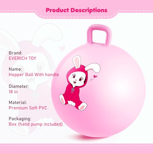 Hopper Ball, Pink Bunny Hopping Toys for Kids, 18 Inch Bouncy Ball with Handle, Indoor Outdoor Inflatable Hoppity Hop Toys for Girls Boys Gift with Pump - color: Pink rabbit, size: Age:4-8(18''/45cm)