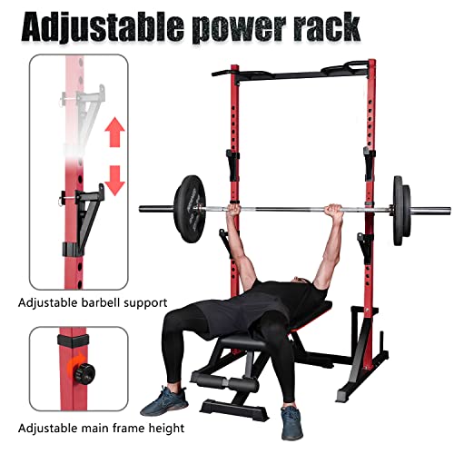 CANPA Multifunction Power Rack with Pull up Bar, Heavy Capacity and Adjustable Squat Stand Rack for Home Gym Equipment, Power Rack Cage - color: Red