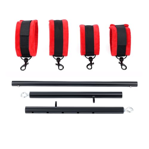 Spreader Bar Heavy Duty Stainless Steel Expandable Bar Home Gym with 4pcs Furry Crocodile Adjustable Strap,Sports Aid Training Pilates Aid Kit,Indoor Yoga Set - style: Black+Red Furry Kit