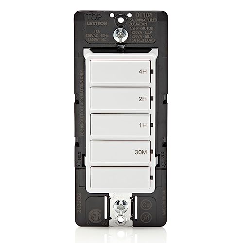 Leviton Countdown Timer Switch for household lights, heaters and exhaust fans, 30 min, 1-2-4 hour, No Neutral Wire Required, Single Pole, 15A, 1/2 HP/9.8A Fan/Motor, DT104-1LW, White - style: 1-2-4 hour, No Neutral Required