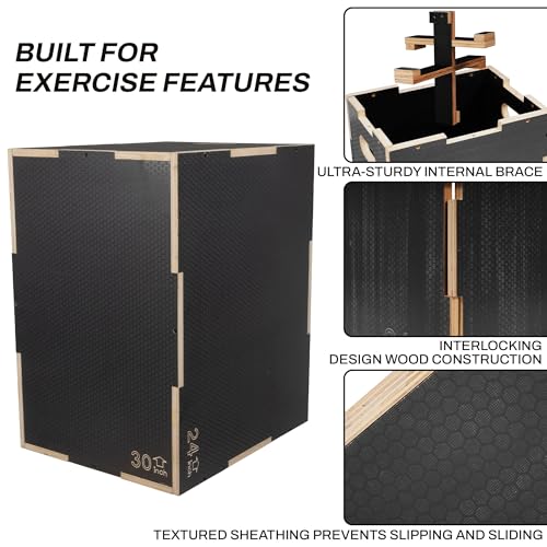 Fitvids 16" x 14" x 12" Non-Slip Wooden Plyo Box Jump Exercise Platform, Plyometric Workout Equipment for Home Gym, Training Step Box, Black - size: 24" x 20" x 16"