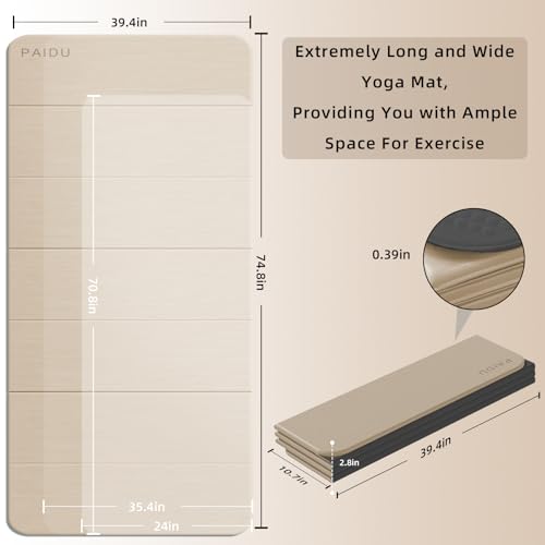 PAIDU Foldable Yoga Mat (10MM) 75‘’x40‘“ Quick Fold，Easy Storage | TPE Non-Slip Design, Ea Extra Long/Wide for Indoor Yoga, Pilates and Outdoor Travel Workouts - color: Beige+Black