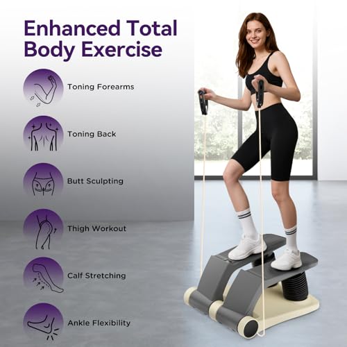 Air Stepper Exercise Machine with Resistance Bands, 5-Level Adjustable Resistance, 300 lb Capacity Stair Stepper with LED Monitor, Low-Impact Home Cardio and Full Body Workout Equipment - color: Beige/Black