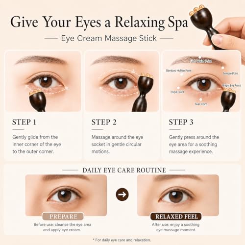 Eye Massage Tool, Sandalwood Eye Massager Tool with 5 Smooth Horn Beads, Dual-End Eye Roller Tool for Puffy-Looking Eyes, Eye Massage Stick for Face and Under Eye Self Care, 1 Pack - color: Deep Wood Tone