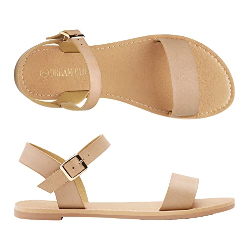 DREAM PAIRS Women's Ankle Strap Flat Sandals Open Toes One Band Buckle Summer Dressy Sandals - color: Nude, size: 5