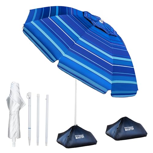 OutdoorMaster 7.2ft Beach Umbrellas for Sand with Sandbag & Anchor | 7.2ft Adjustable Umbrella for Beach, Wind Resistant, Portable UPF50+ Sunshade with Carry Bag for Patio - color: Dark Blue Striped
